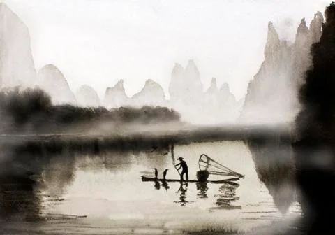 Fishing with cormorants Stock Illustration