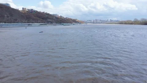 Fishing on a deep river in spring. Shooting in motion. Beautiful natural river Stock Footage 153232908