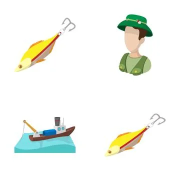 Fishing elements with boat, lure and fisherman avatar Stock-Illustration