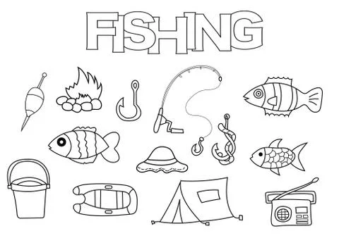 Fishing elements hand drawn set. Coloring book template.  Outline doodle Ilustración de archivo