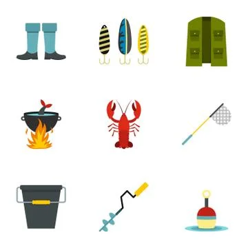 Fishing elements icons set, flat style Stock Illustration