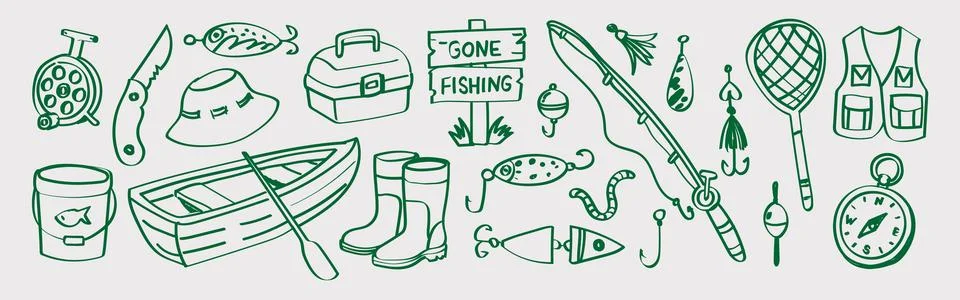 Fishing elements set with rod, boat, net, tackle box and lures in hand draw.. Stock-Illustration