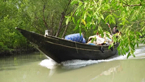 A fishing engine boat is speeding through a narrow canal Stock Footage 244046350