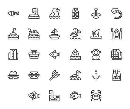 Fishing Essential Vector Set including 28 Editable Bold Line Retina Ready Ico Stockillustratie