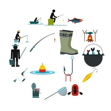 Fishing flat icons set Stock Illustration