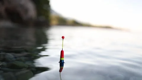 Fishing float gently moves on clear sea water while the angler waits for a bite Stock Footage 341622315