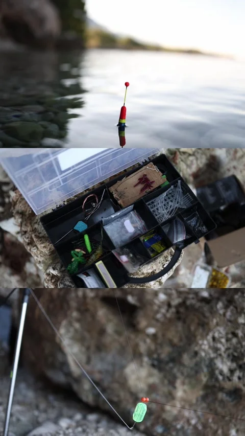 Fishing gear collage with float tackle box and shore rigging Vídeos de archivo 341321152