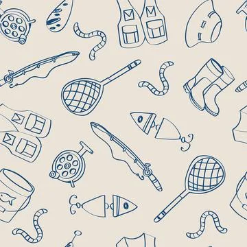 Fishing gear seamless pattern with rod, landing net and lures. Blue doodle .. Stock Illustration