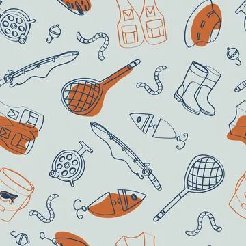 Fishing gear seamless pattern with rod, landing net and bucket. Colorful li.. Stock Illustration