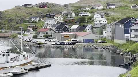 Fishing harbor in Honningsvg Stock Footage 340336895