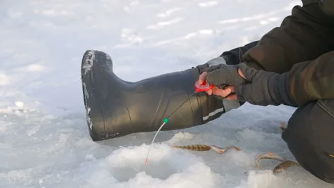 Fishing in the hole in winter. close-up. Video stock 89884647