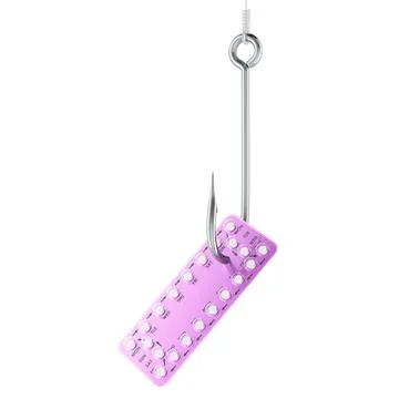 Fishing hook with birth control pills, 3D rendering Stock Illustration