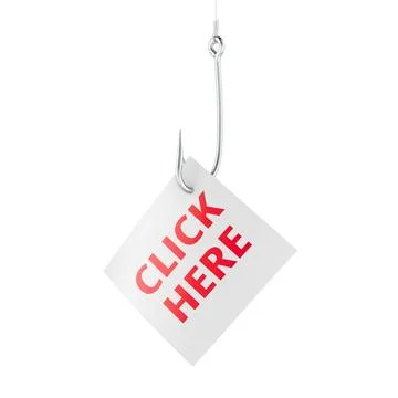 Fishing hook with Click Here sign on fishing hook, phishing concept. 3D ren.. Stock Illustration