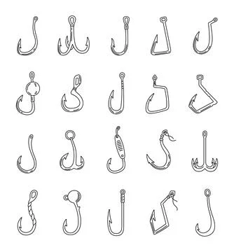 Fishing hook set in outline line art Stock Illustration