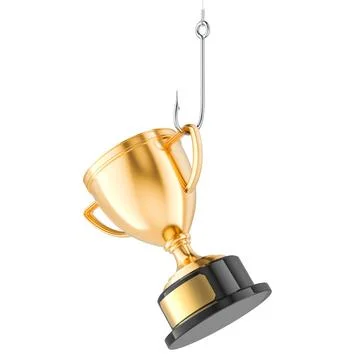 Fishing hook with trophy cup, golden award. 3D rendering Stock Illustration