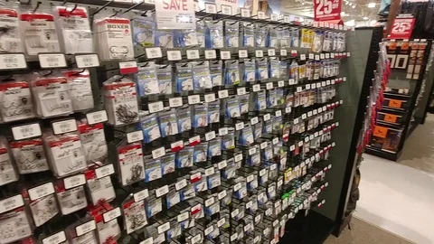 Fishing Hooks - Bait - Pan in Sporting Goods Store Stock Footage 98805024