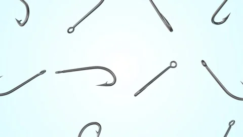 Fishing Hooks Falling on a Light Background. Fishhooks 3D Animation. 4K Stock Footage 295447381