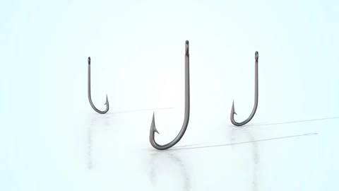 Fishing Hooks on a Light Reflective Floor. Metal Fishhooks 3D Animation. 4K Video stock 295447507