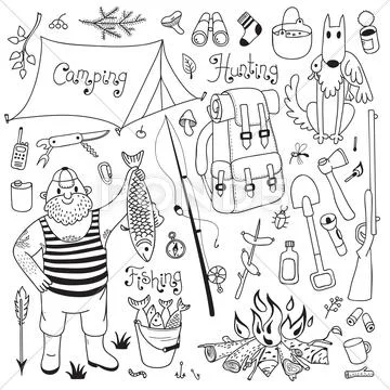 Fishing, hunting, camping set. Stock Illustration