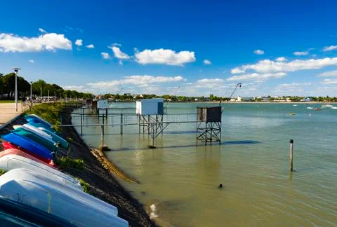 Fishing huts and nets in St Nazaire, France Stock Photos