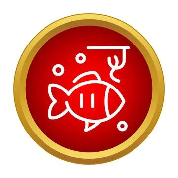 Fishing icon with fish, hook, and bubbles in red circle Stock Illustration
