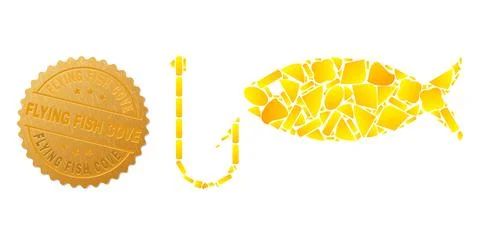 Fishing Icon Mosaic of Gold Elements and Textured Flying Fish Cove Seal Stock Illustration