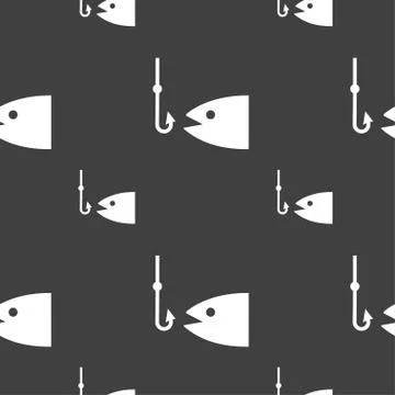 Fishing icon sign. Seamless pattern on a gray background. Vector 스톡 일러스트