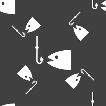 Fishing icon sign. Seamless pattern on a gray background. Vector Stock Illustration