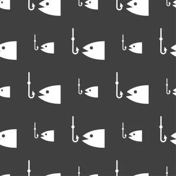 Fishing icon sign. Seamless pattern on a gray background. Vector Stock Illustration
