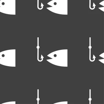 Fishing icon sign. Seamless pattern on a gray background. Stock Illustration