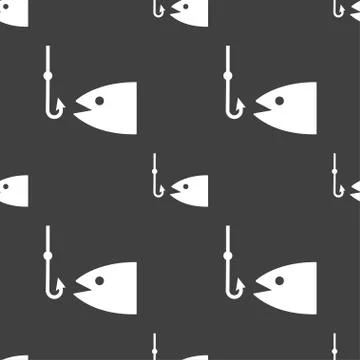 Fishing icon sign. Seamless pattern on a gray background. Illustrazione stock