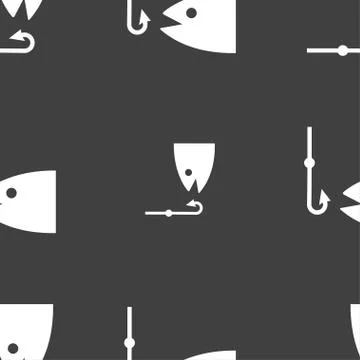 Fishing icon sign. Seamless pattern on a gray background. Stock Illustration