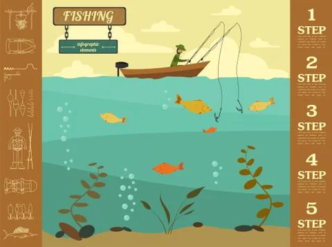 Fishing infographic elements. Set elements for creating your own infographic Stock Illustration