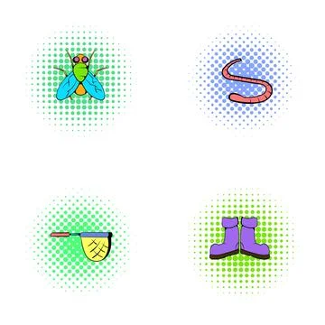 Fishing items in comic style halftone pattern Illustrazione stock