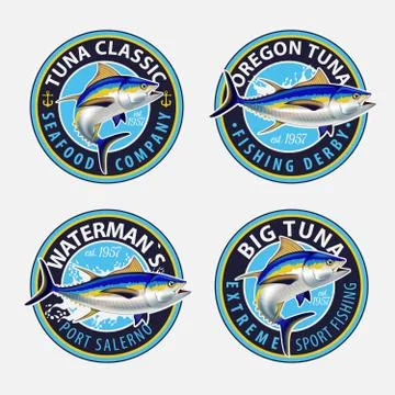 Fishing labels, badges, emblems and design elements. Illustrations of Tuna. Stock Illustration