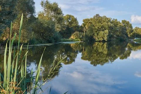 Fishing on the lake. Reflection in water. Recreation center Stock Photos