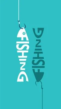 Fishing logo, emblem. Fish on hook. Lettering fishing shaped like a fish. Design Stock Illustration