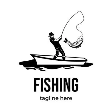 Fishing logotype template isolated on white background. Male silhouette catching Stock Illustration