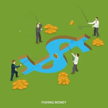 Fishing money flat isometric vector concept. Stock Illustration