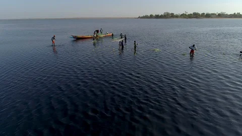 Fishing net africa technics methods boats aerial drone Stock Footage 97991213