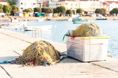 Fishing net on dock Stock Photos