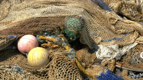 Fishing net with multi-colored floats-zoom 4K UHD 0803 Stock Footage 50147154