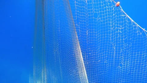 Fishing net is pulled underwater toward a boat - Mesh Background and Gear Detail Stock Footage 340007602