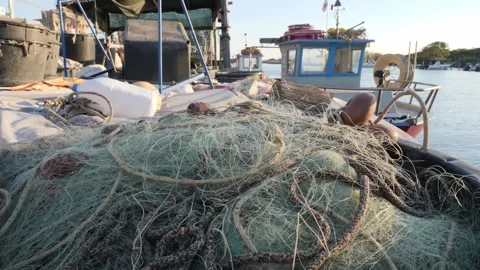 Fishing net in a small port Stock Footage 136150461