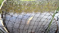 fishing net a fish-trap on lake, Stock Video