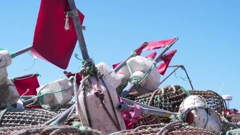 Fishing nets buoy marker flags used on a small fishing vessel Stock Footage 80714466