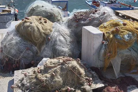 Fishing nets left on a lot Stock Photos