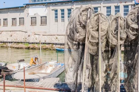 Fishing nets on the quay Foto stock