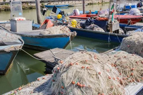 Fishing nets on the quay Stock Photos