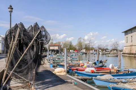 Fishing nets on the quay Stock Photos